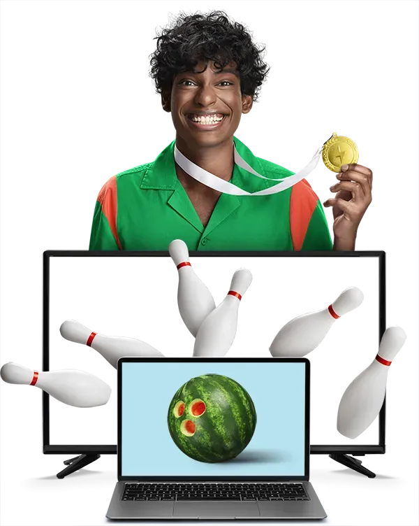 Bowling winner holding gold medal emerging from TV screen with flying bowling pins and watermelon bowling ball on laptop.